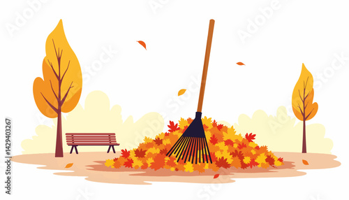 Autumn scene with rake collecting colorful fallen leaves  