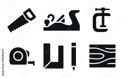 Carpentry tools solid icons set – silhouette style diy, woodworking, and construction symbols for craftsmen: saw, hand plane, clamp, tape measure, square ruler, chisel, wood grain.