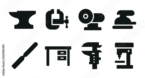 Workshop tools solid icons set – silhouette style for diy projects, crafts, and home improvement: anvil, vice, grinder, sander, file, workbench, caliper, drill.