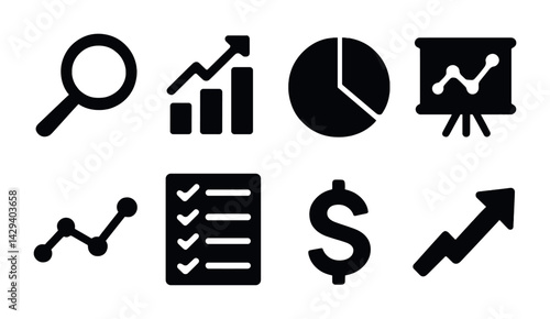 Business and analytics solid icons set – filled style stats, data, and finance symbols for strategic planning: magnifying glass, bar chart, pie chart, presentation, line graph.