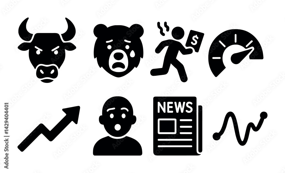 Fototapeta premium Bear and bull market silhouette icon set – solid style financial symbols for investment and trading: bear, bull, chart, trader, speedometer, news, graph, arrow.