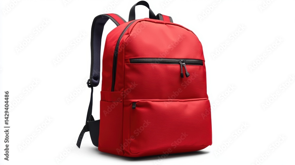Bold graphic red backpack with clean lines, ergonomic back support, and smooth zippers, isolate on white background Bold graphic red backpack with clean lines, ergonomic back support, and smooth zippers, isolate on white background