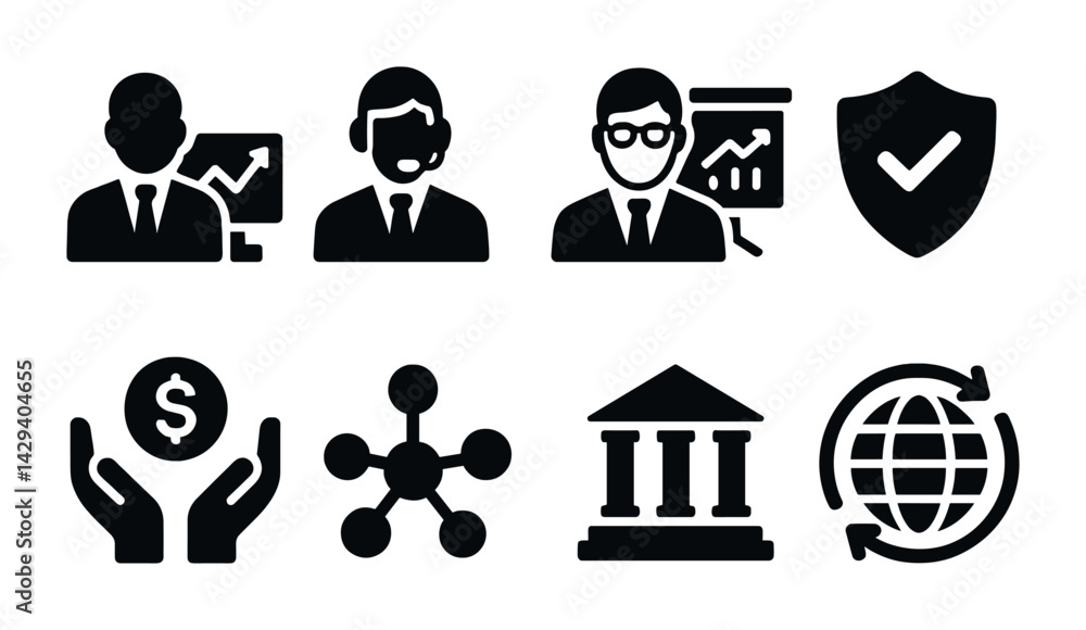 Business and finance solid icons set – filled style economic growth, investment, and management symbols: analyst, customer service, consultant, shield, bank, network, globe.