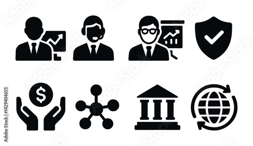 Obraz na płótnie Business and finance solid icons set – filled style economic growth, investment, and management symbols: analyst, customer service, consultant, shield, bank, network, globe. w salonie