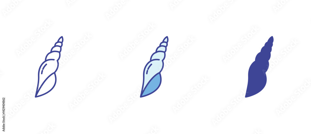 Fototapeta premium Third variation of a shell icon in three styles — full color, outline, and solid silhouette. A perfect minimal marine design element for creative use.