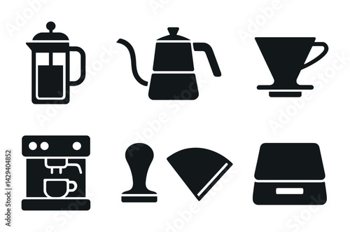 Coffee brewing icon set – solid style beverage, cafe, and espresso tools for barista enthusiasts: french press, gooseneck kettle, dripper, espresso machine, tamper, filter, scale