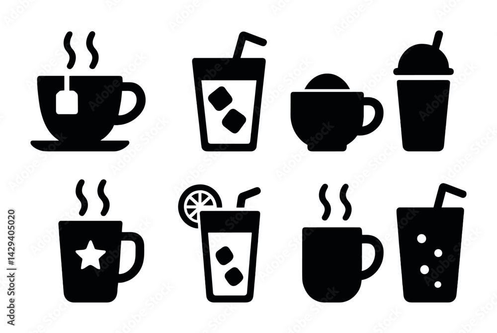 Hot drinks and beverages silhouette icon set – solid style coffee, tea, and refreshment symbols for menu design: teacup, iced drink, cappuccino, smoothie, latte, soda.