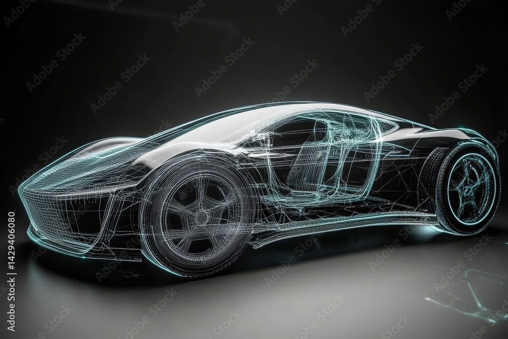 Naklejka premium Future Car 3D Wireframe Render on Black, Automotive , Technology