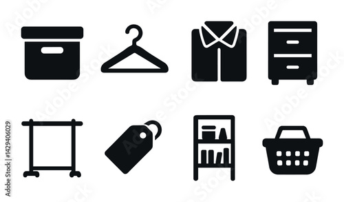 Home organization and storage icons set – silhouette style for closet management and decluttering essentials: storage box, hanger, shirt, dresser, rack, tag, shelf, basket.