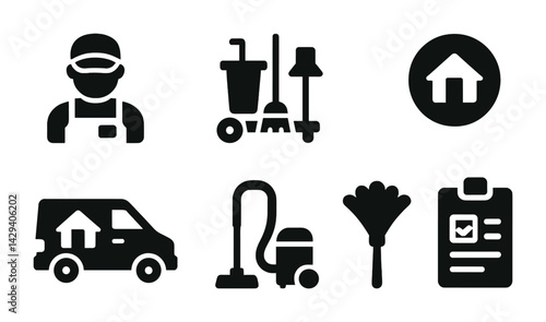 Home cleaning icon set – solid style housekeeping, maintenance, and sanitation symbols: cleaner, tools, duster, van, vacuum, checklist, mop, home.