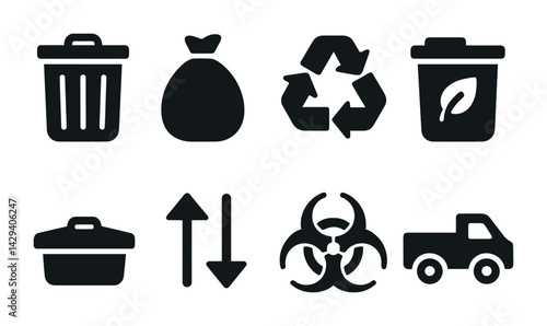 Eco-friendly waste management icons – solid style for recycling and sustainability: trash bin, garbage bag, recycle symbol, compost bin, waste truck, biohazard