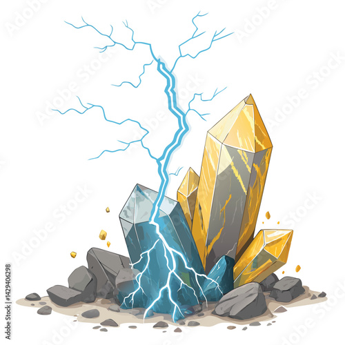 A vibrant, glowing lightning bolt dramatically shatters a large, clear quartz crystal rock, sending shards flying.  The scene is dark and dramatic, emphasizing the power of nature.
