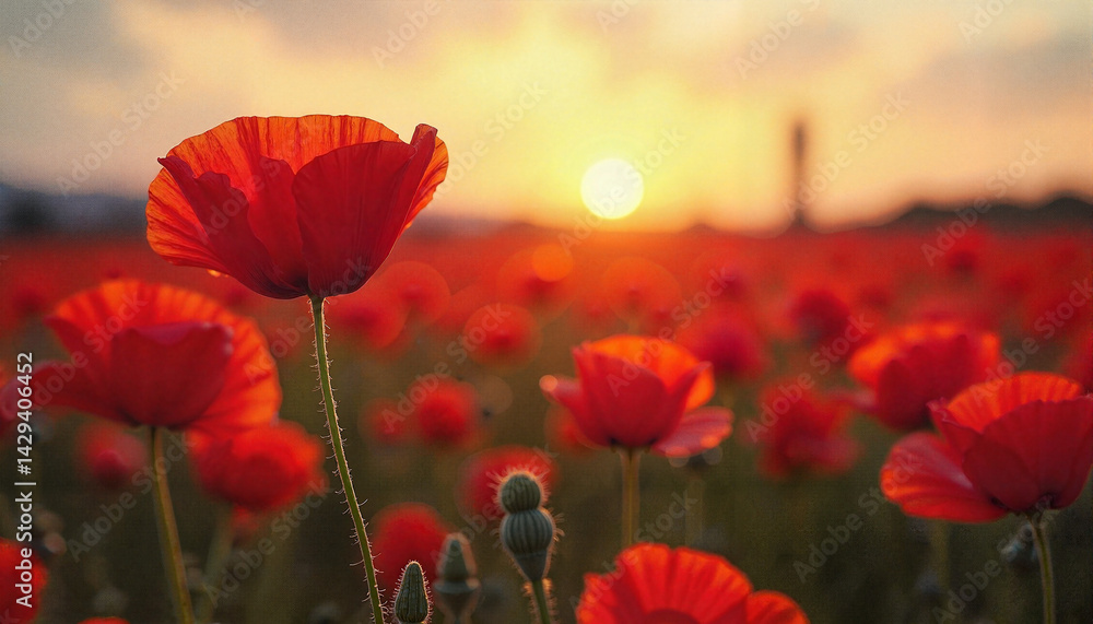 Naklejka premium Single tall poppy standing proudly in red field at sunset, nature's beauty