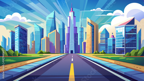 Very beautiful ,Empty City road perspective view and modern city centre with skyscrapers on the horizon. The way to success concept