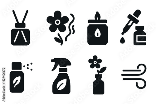 Aromatherapy and fragrance solid icons set – silhouette style essential oils, wellness, and air fresheners symbols for relaxation: diffuser, flower, candle, dropper, spray, air.