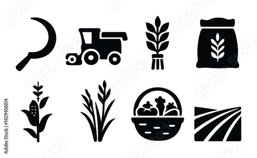Agriculture silhouette icons set – filled style farming, cultivation, and harvest symbols for sustainable development: sickle, tractor, wheat, sack, corn, rice, basket, field.