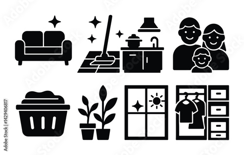 Home and family solid icons set – filled style household, cleaning, and living symbols: sofa, kitchen, family, laundry basket, plants, window, wardrobe.