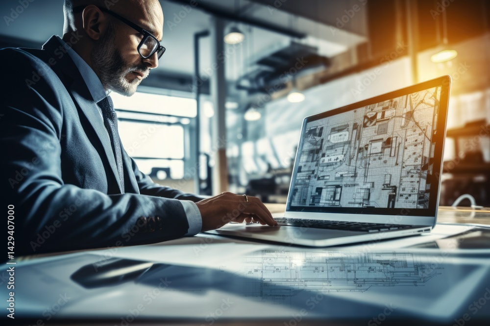 A businessman reviews a factory layout on his laptop, focused and meticulously planning industrial design. A businessman reviews a factory layout on his laptop, focused and meticulously planning industrial design.