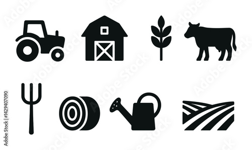 Farming and agriculture solid icons set - filled style rural life, crops, and livestock symbols for farming projects: tractor, barn, crop, cow, hay bale, pitchfork, watering can, field.
