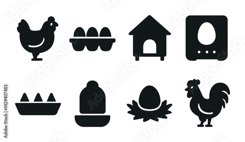 Poultry and farm solid icons set – silhouette style agriculture, farming, and homestead symbols for rural projects: chicken, eggs, coop, incubator, feeder, nest, rooster.