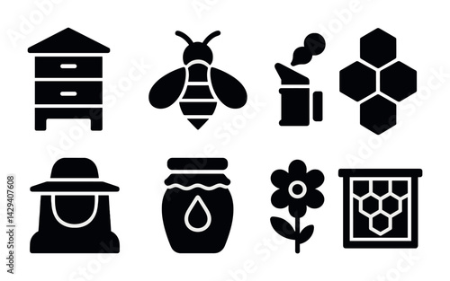 Beekeeping solid icons set – filled style apiculture, honey production, and pollination graphics: beehive, bee, smoker, honeycomb, beekeeper, jar, flower, frame.