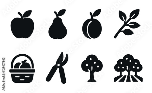 Fruit orchard solid icons set – silhouette style agricultural, botany, and harvest symbols for gardening enthusiasts: apple, pear, peach, branch, basket, pruner, tree, orchard.