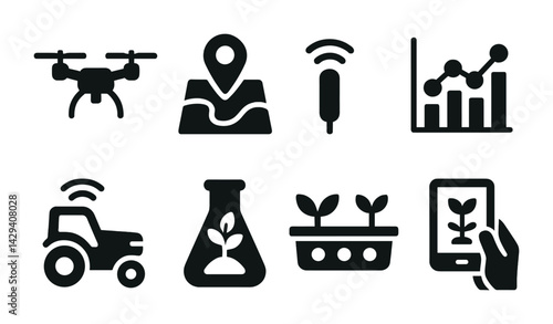 Smart agriculture icons set – solid style farming, technology, and innovation symbols for sustainable solutions: drone, gps, sensor, analytics, tractor, lab, hydroponics, mobile app.