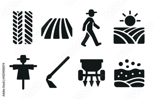 Farming and agriculture solid icon set – filled style rural, cultivation, and harvest symbols for land management: tractor tire, plowed field, farmer, sunrise, scarecrow, hoe, sowing machine, soil.