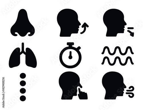 Respiratory health icons set - solid style medical, breathing, and wellness symbols: lungs, nose, inhale, exhale, breath cycle, sinus, airflow, oxygen