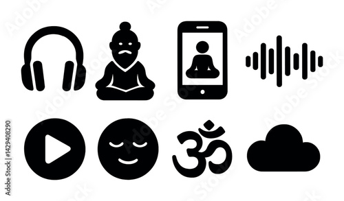 Meditation and mindfulness solid icons set – silhouette style for relaxation, wellness, and mental health resources: headphones, guru, smartphone, sound wave, play button, calm face, om symbol, cloud