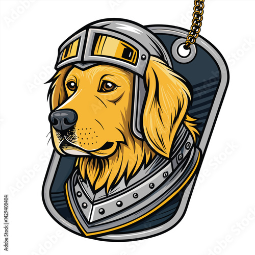 A majestic golden retriever's head, proudly wearing gleaming, ornate battle armor and a visored helmet;  a whimsical, heroic portrait.