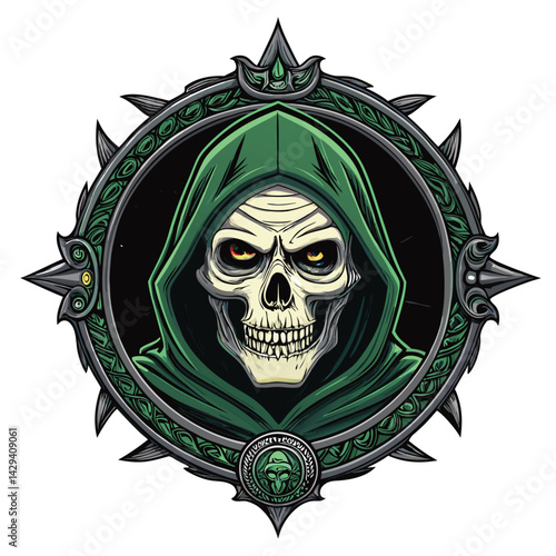 A detailed illustration of a grim necromancer's head, partially obscured by a decaying undead mask, within a skeletal, skull-filled setting.  Focus on intricate detail and unsettling atmosphere.