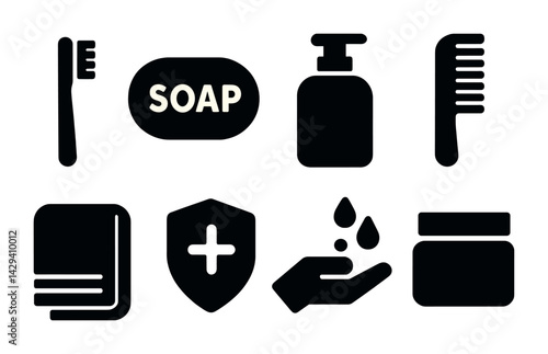 Personal hygiene silhouette icons set – solid style icons for health, cleanliness, and wellness: toothbrush, soap, sanitizer bottle, comb, towel, shield, hand wash, cream jar.