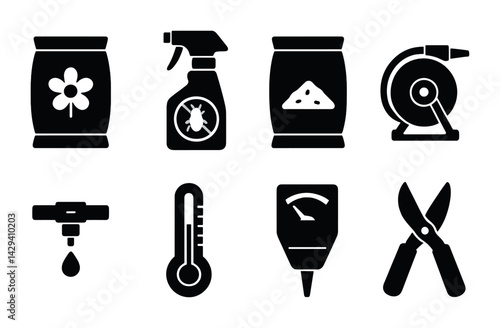 Gardening and pest control solid icon set – silhouette style for garden care and maintenance: fertilizer, insecticide, seeds, hose, pruner, thermometer, soil tester, water gauge.
