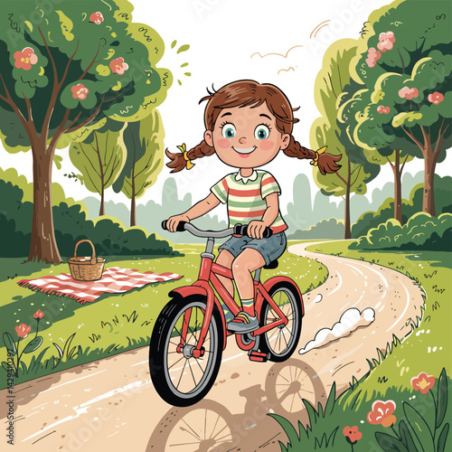 a girl riding a bike in the park