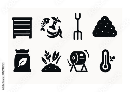 Composting and recycling icons set – solid style waste management, sustainable living, and eco-friendly symbols: bin, compost heap, pitchfork, waste bag, thermometer, compost tumbler, food scraps.