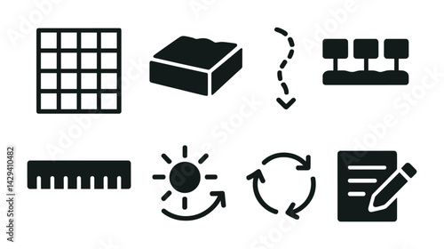 Architecture and construction line icons set – outline style blueprints, tools, and planning symbols: grid, brick, path, foundation, ruler, sun, recycle, note.