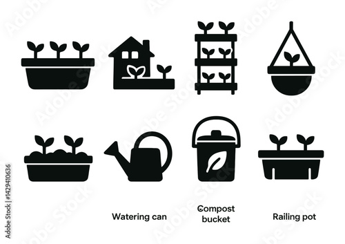 Urban gardening solid icons set – flat style eco-friendly, home gardening, and sustainable living symbols: planter box, house with plants, shelf garden, hanging pot, watering can, compost bin