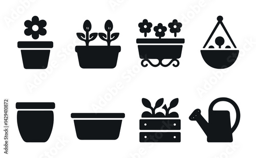 Gardening silhouette icon set – solid style plants, flowers, and tools symbols for horticulture enthusiasts: flower pot, seedlings, planter box, hanging basket, watering can.