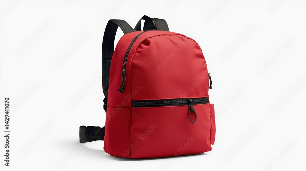 Fototapeta premium Red backpack with sharp monochrome graphic accents, streamlined silhouette, and sturdy zipper pulls, isolate on white background