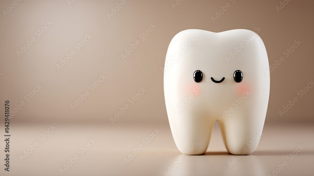 Cute 3D shiny white tooth with a cheerful smile on a bright minimalistic background symbolizing dental health happiness cleanliness and care with space on the side for copy or branding