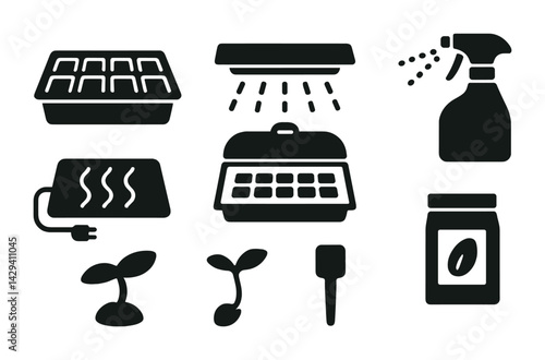 Indoor gardening solid icons set – flat style plant care, seed starting, and hydroponics symbols for urban growers: seed tray, grow light, spray bottle, heating mat, germinating seeds, fertilizer jar
