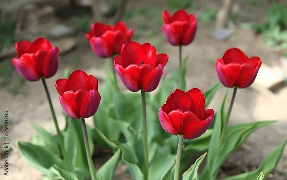 Stunning Red Tulips Blooming in Spring Garden Stunning Red Tulips Blooming in Spring Garden