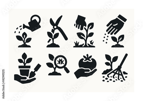 Gardening and farming filled icon set – solid style sustainable agriculture, plant care, and eco-friendly tools: watering can, pruning shears, planting hands, seeds, tomato, rake.