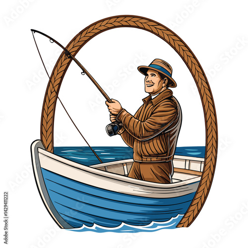 A jovial fisherman smiles broadly while holding a fishing rod in a small boat, surrounded by calm water.