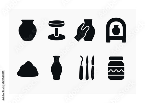Pottery craft solid icon set – flat style art, ceramics, and sculpting symbols for creative projects: vase, potter's wheel, clay, tools, handmade pot, ceramic kiln.
