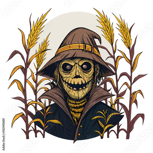 A terrifying close-up of a haunted scarecrow head, its stitched mouth agape revealing decaying features, inside a dimly lit barn.