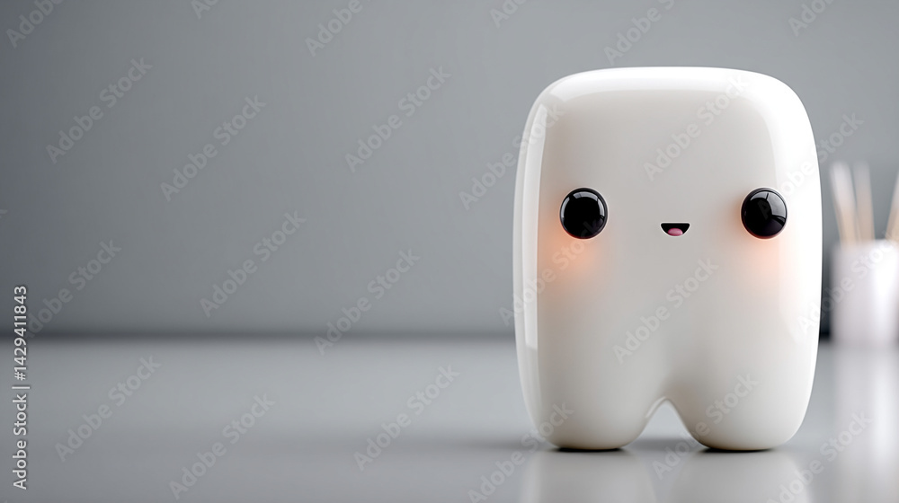 Cute 3D shiny white tooth with a cheerful smile on a bright minimalistic background symbolizing dental health happiness cleanliness and care with space on the side for copy or branding