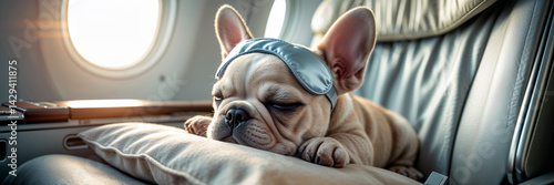 French bulldog dog sleeps with sleep mask on plane
