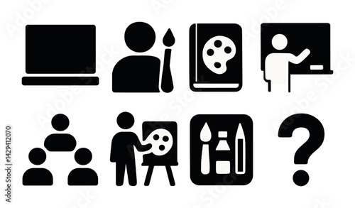 Art education and creativity icons set – solid style symbols for artistic learning and teaching inspiration: paintbrush, easel, palette, art book, classroom, group, creativity, question mark.